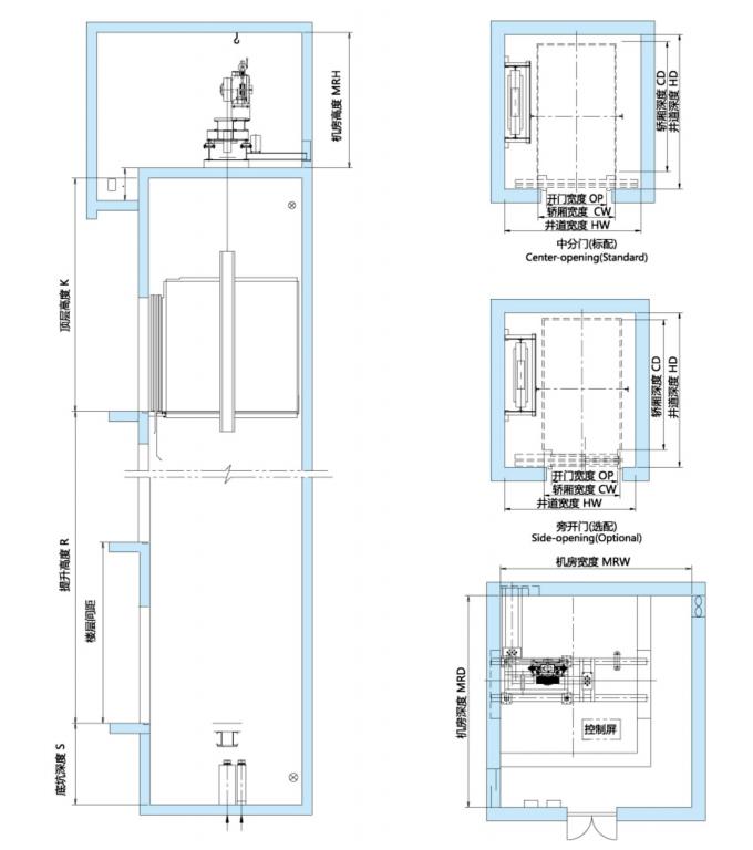 630kg 3.0m/S Side Door Transporting Hospital Elevator Dimensions